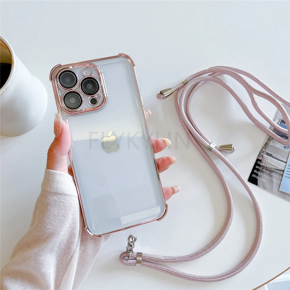 Crossbody Lanyard Shockproof Plating Phone Case For Samsung Galaxy S24 S23 S22 Plus Ultra S20FE S21FE Note 20 Transparent Cover