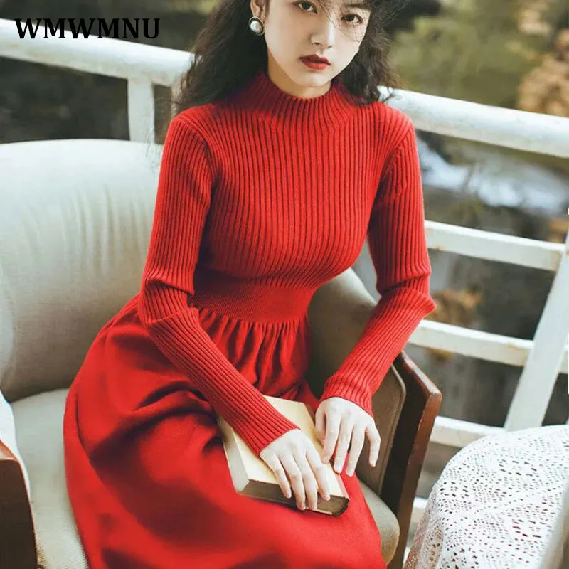 

Vintage Knitted Pleated A-Line Long Dress Women Elegant Half Turtleneck Sweater Dresses Korean Slim Maxi Vestido De Festa 2022