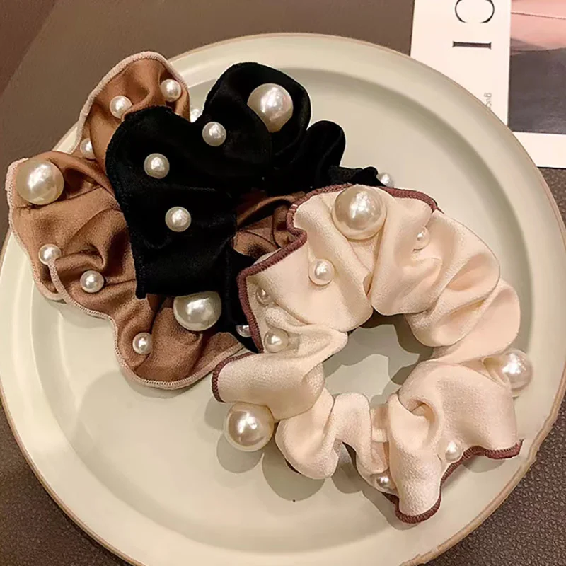 

Solid Color Small Big Round Pearl Scrunchies Elastic Hair Band For Woman Temperament Designer Cloth Ponytail Rubber Ties Fashion