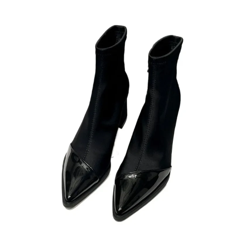 Ботильоны женские замшевые туфли на массивном среднем каблуке с острым носком