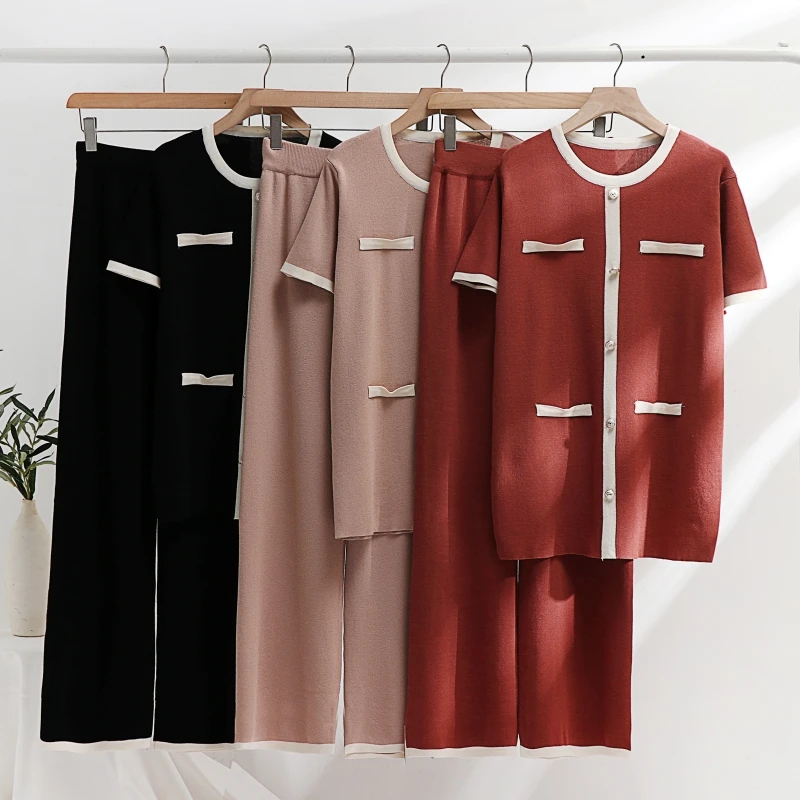 

Two Piece Women Knit Sport Suits O Neck Women Sweater wide leg pants Jogging Pants Pullover Sweater Set Knitted Outwear clothing