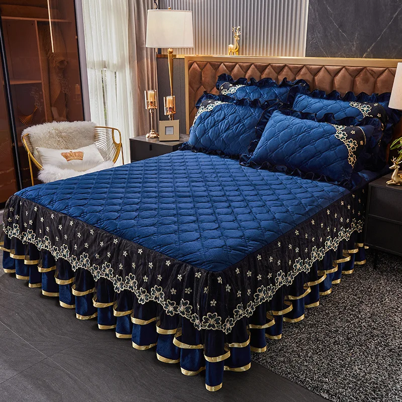 

Европейское стеганое бархатное покрывало, Королевский чехол для кровати, роскошная кружевная юбка с оборками, мягкая плотная наволочка