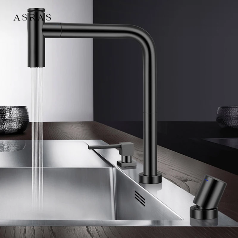 

ASRAS 304 Stainless Steel Black Kitchen Sink Faucet Independent Switch Hot and Cold Water Pull Out 360 Degree Mixer Tap