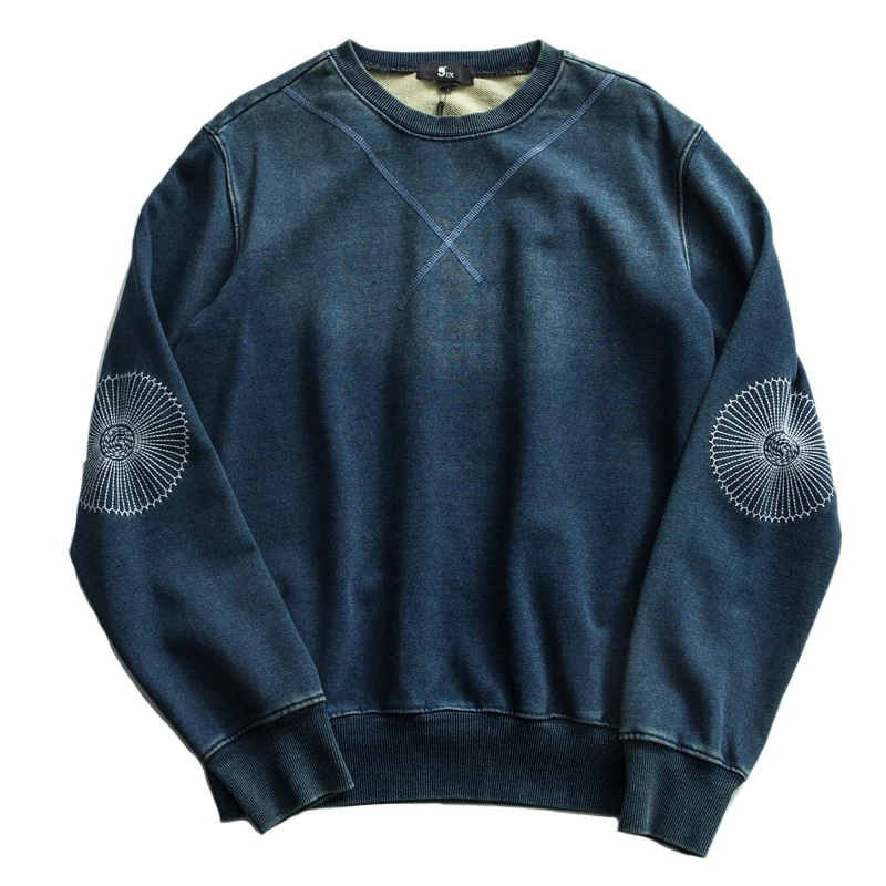 

Japan Retro Autumn New Water Wash Used Blue Dyed Cotton Terry Pullover Chrysanthemum Embroidered Round Neck Loose Men's Hoodies