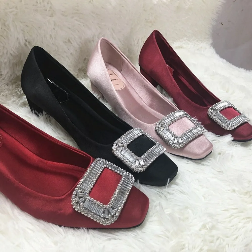 

2022 Womens Satin Silk Rhinestones Square Buckle Low Top Pumps Chunky Heel Shoes Wedding Bridal 7Colors Plus Size