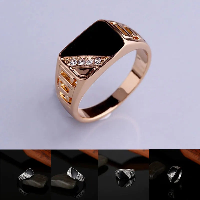 

Fashion Male Jewelry Classic Gold Color Rhinestone Wedding Ring High Quatity Black Enamel Rings For Men Christmas Party Gift
