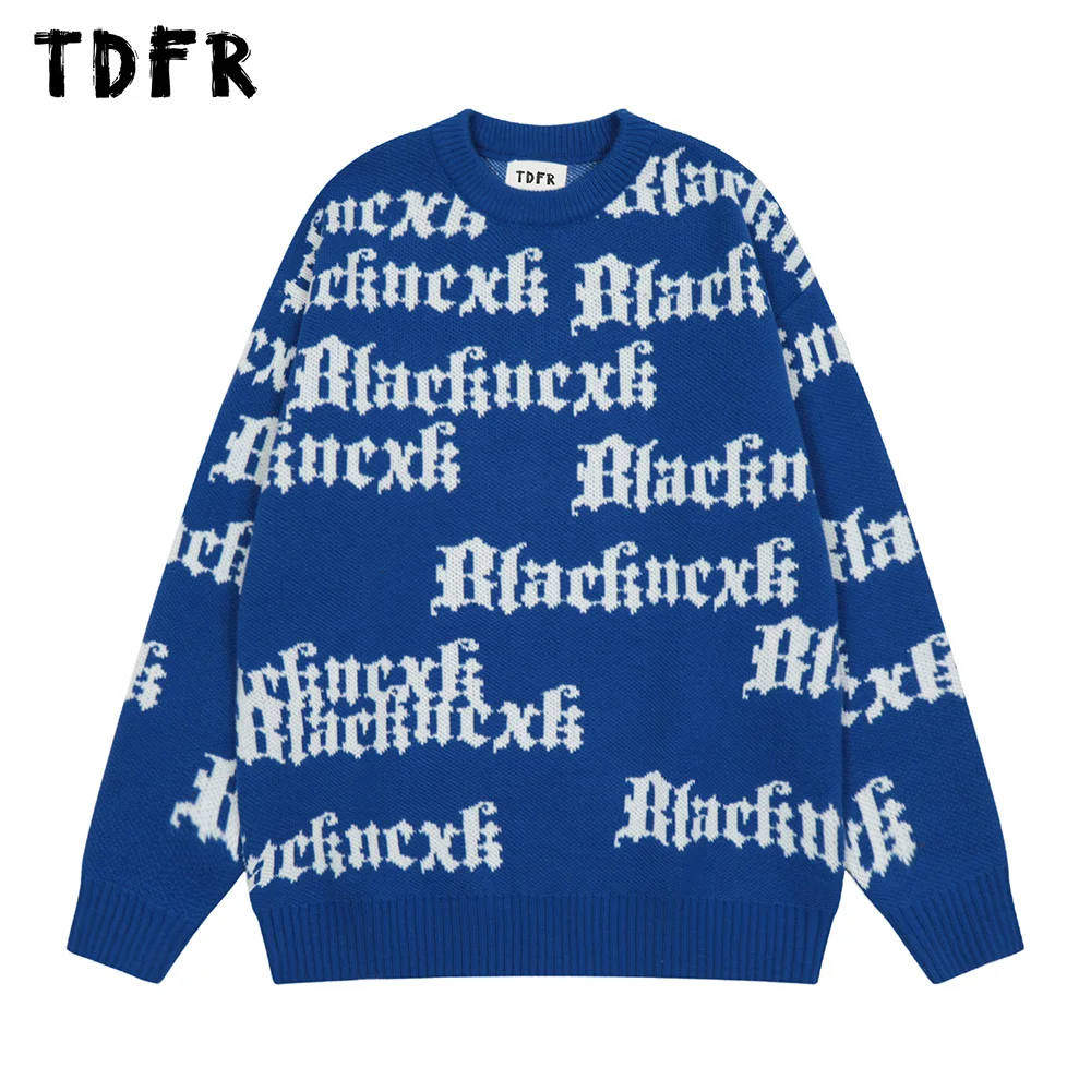 

Letter Jacquard Knitted Sweater Mens Autumn Winter Casual Streetwear Loose Crew Neck Long Sleeve Pullover Men