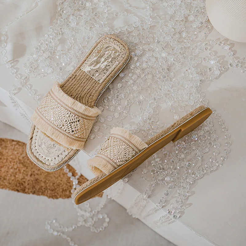 High-quality straw slippers women's summer fashion new summer outing flat sandals large size 41-43