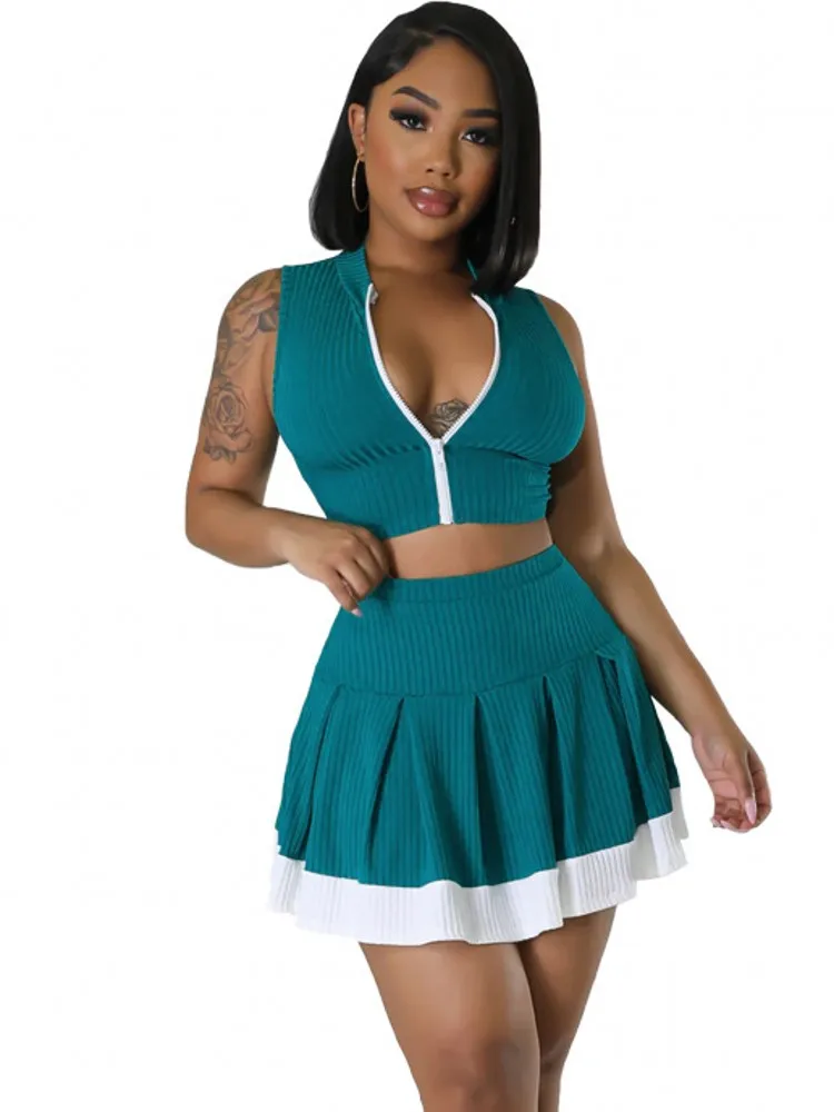 

Летний женский модный костюм-двойка, привлекательный короткий топ на молнии и плиссированная мини-юбка, повседневные подходящие комплекты