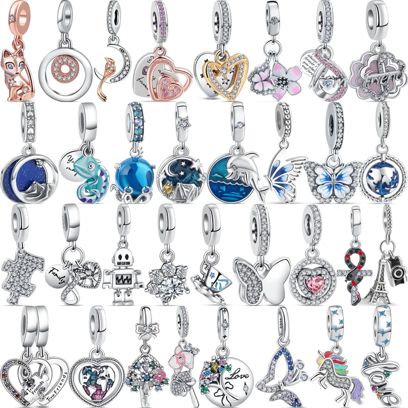 

925 Silver Rose Gold Sparkling Cat Pink Flower Mom Friend Puzzle Love Heart Pendant Bead Fit Pandora Charms Bracelet DIY Jewelry
