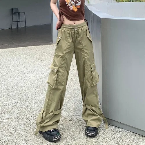 

Drawstring Elastic Waist Loose Straight Leg Pant with Lace-Up Leg Belt Side Pocket y2k pants women clothing summer cargo trouser