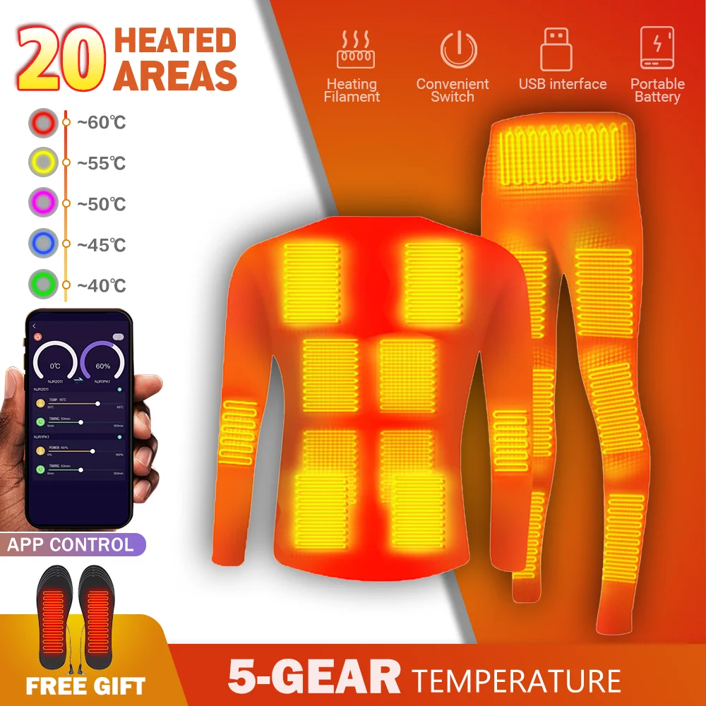 

Heated Underwear Suit Men Jacket 20 Areas Smart Phone APP Control Temperature USB Battery Powered Fleece Thermal Underwear