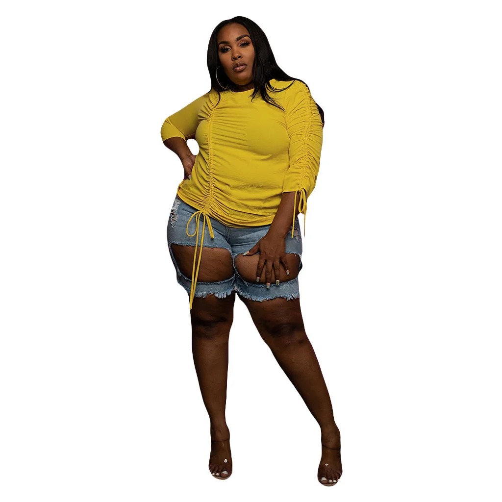 Plus Size Pleated Tops Women Clothing Office Ladies Fall Long Sleeve Blouse Shirt Crew Neck Casual Large Street Tops