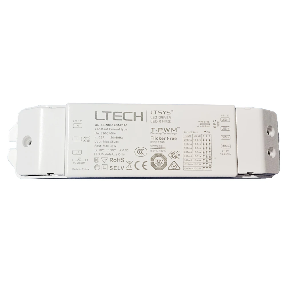 

LTECH New 0-10V Led Dimming Driver;AC 220V-240V Input;36W 200mA-1200mA CC Constant Current Intelligent Power AD-36-200-1200-E1A1