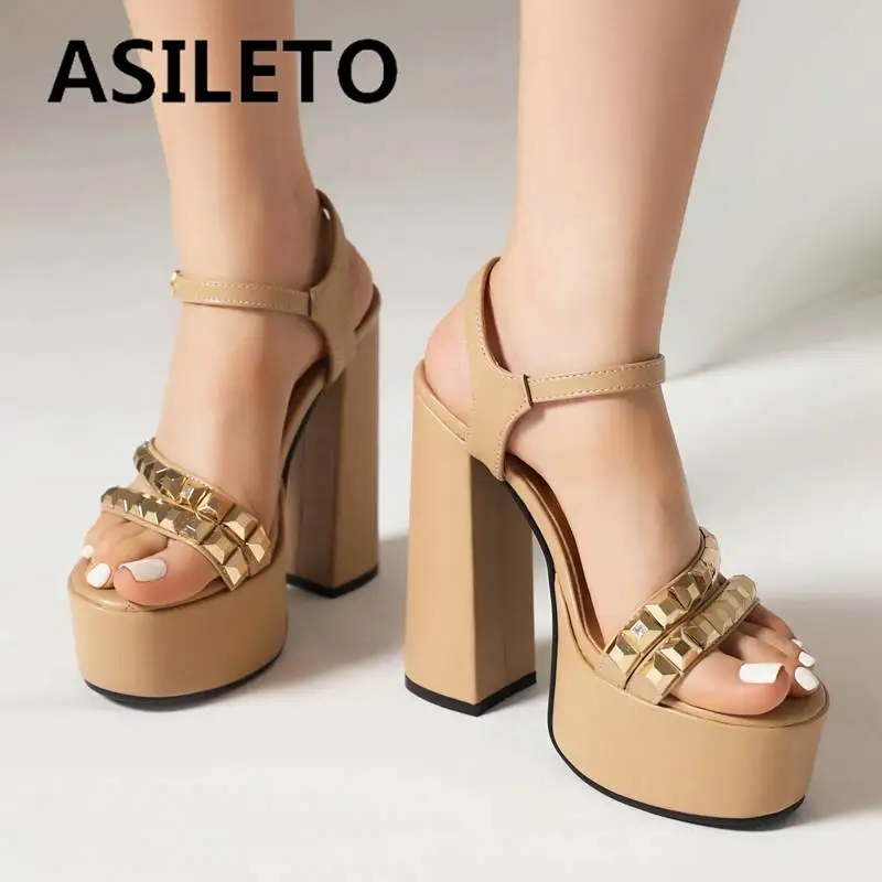 

Женские сандалии ASILETO с открытым носком на высоком каблуке 15 см, на платформе высотой 5 см, с ремешком с пряжкой, с заклепками, сексуальная обу...