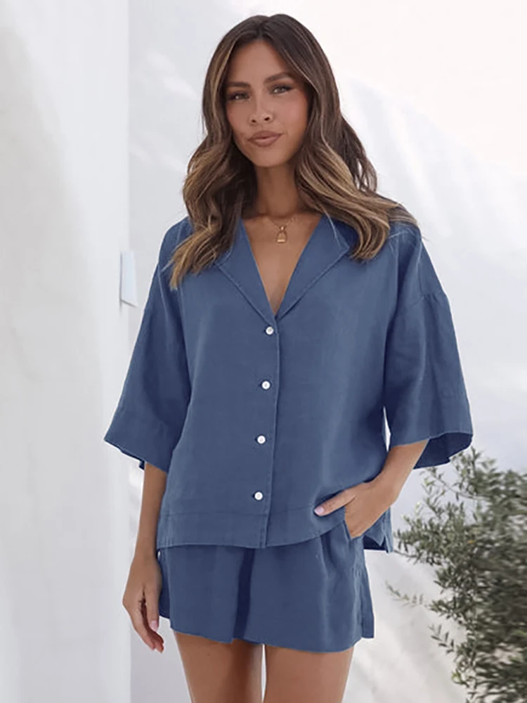 

Свободная Женская домашняя одежда Linad, комплект из 2 предметов, синяя Пижама с рукавом три четверти, женские повседневные Костюмы с шортами, лето 2023
