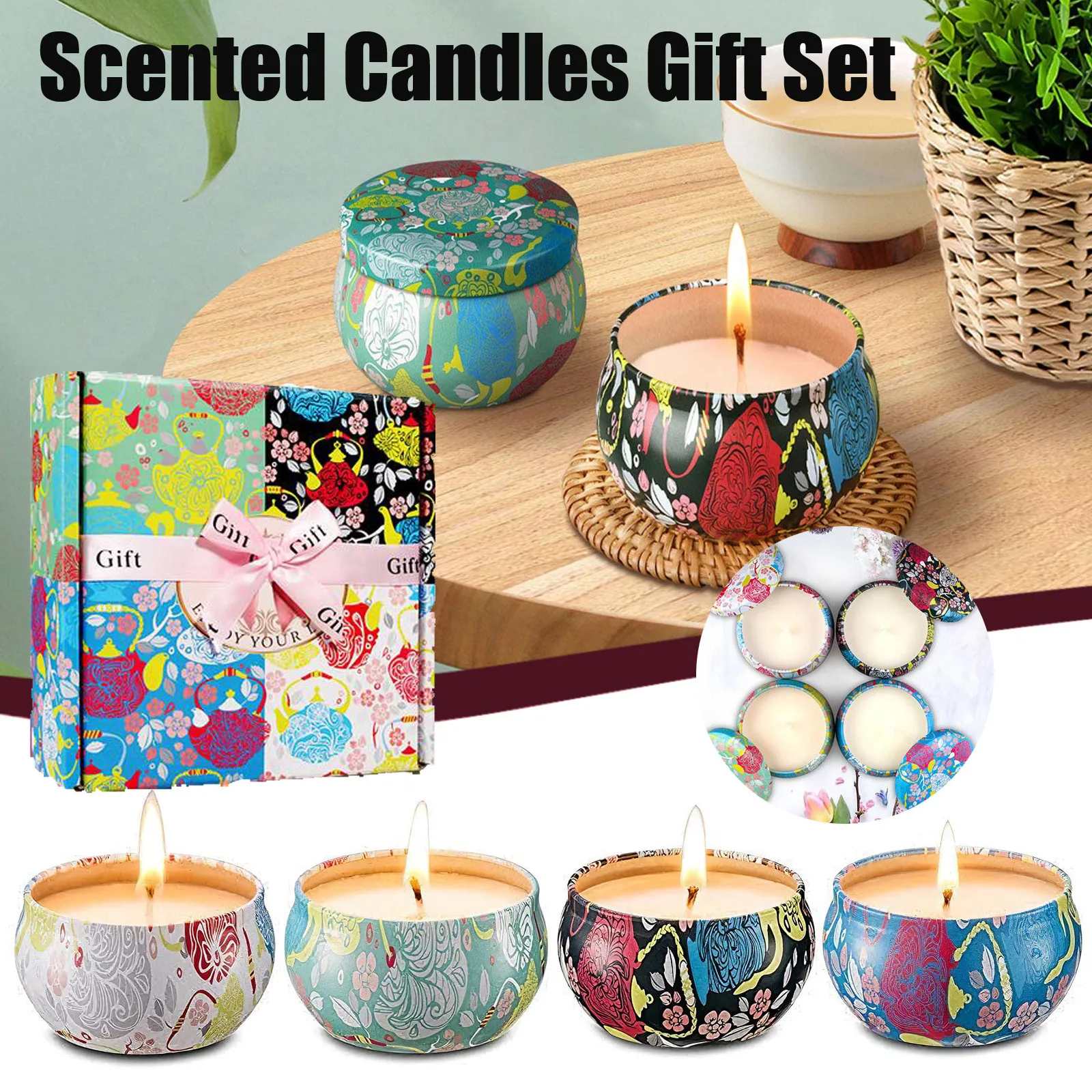 Natural Wax Set of Travel Scented Candle Gift Portable 4 Tin Soy Candles Tools & Home Improvement Short Candle Holder
