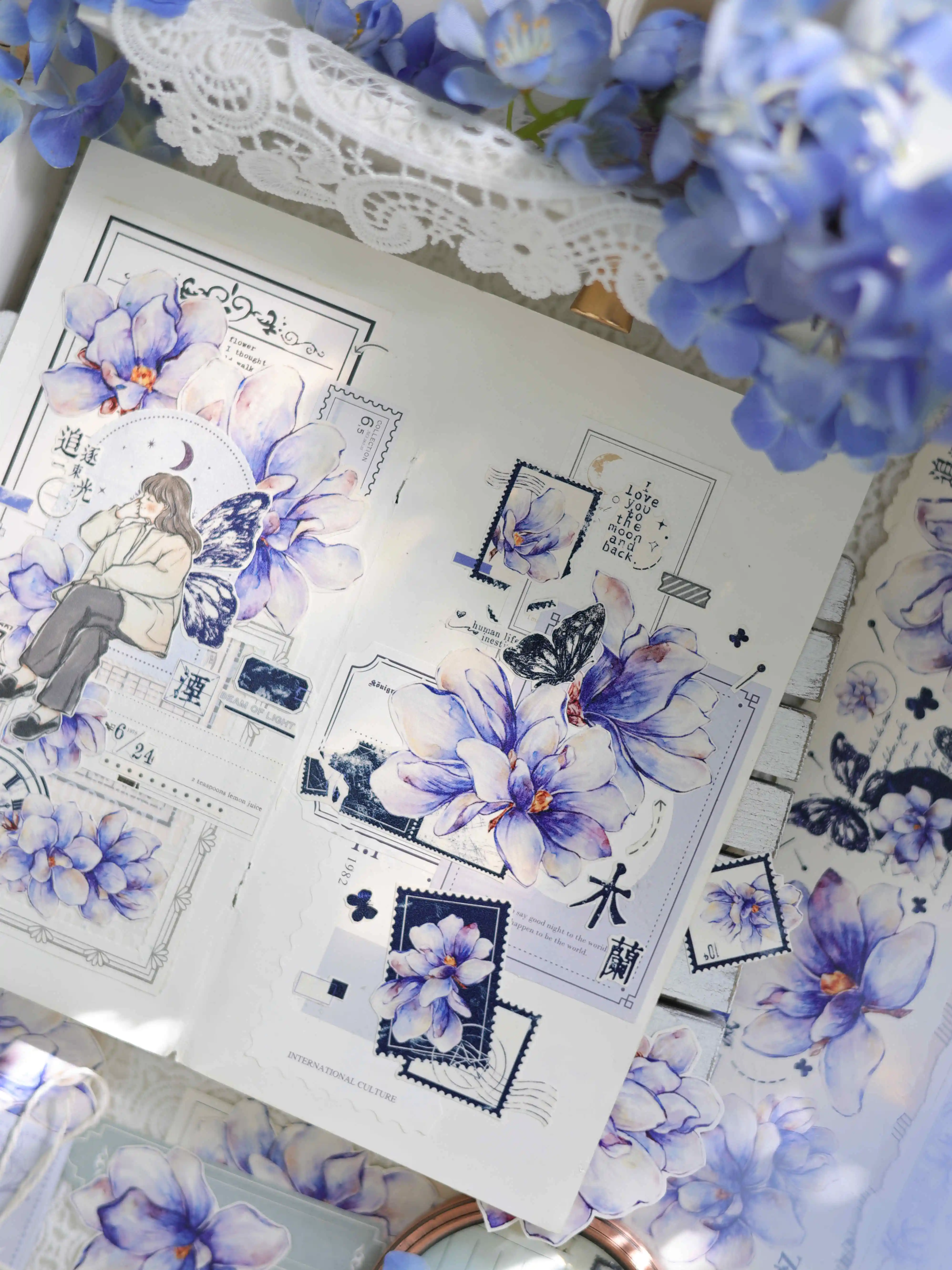 Xiao Bai Jia деревянная синяя винтажная Синяя Магнолия большой цветок Washi petdiary лента 6