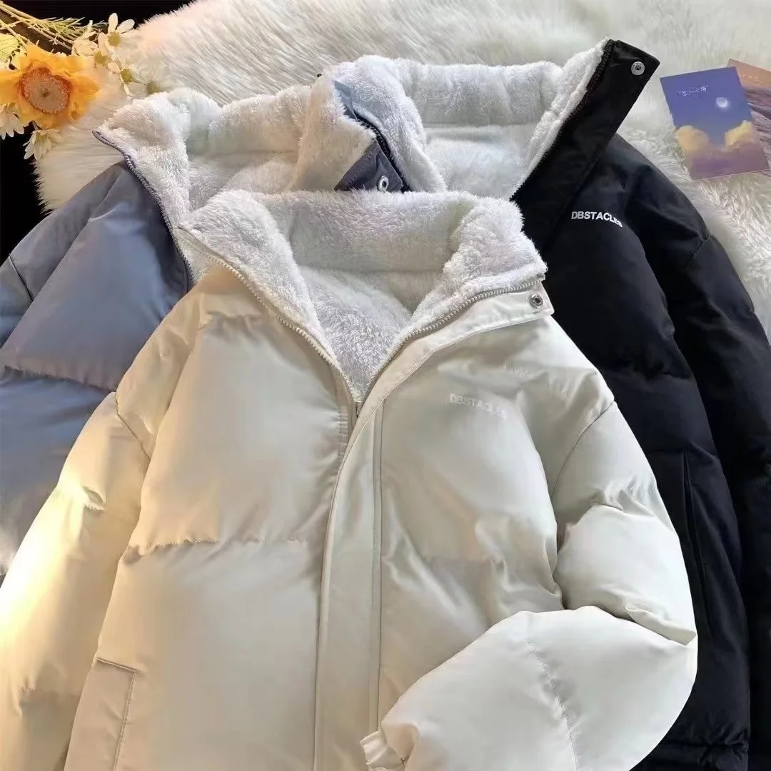 Winter Thick Fleece Filled Loose Parka Jacket Women Stand Neck Zipper Fashion Casual Warm Coat White Black Blue