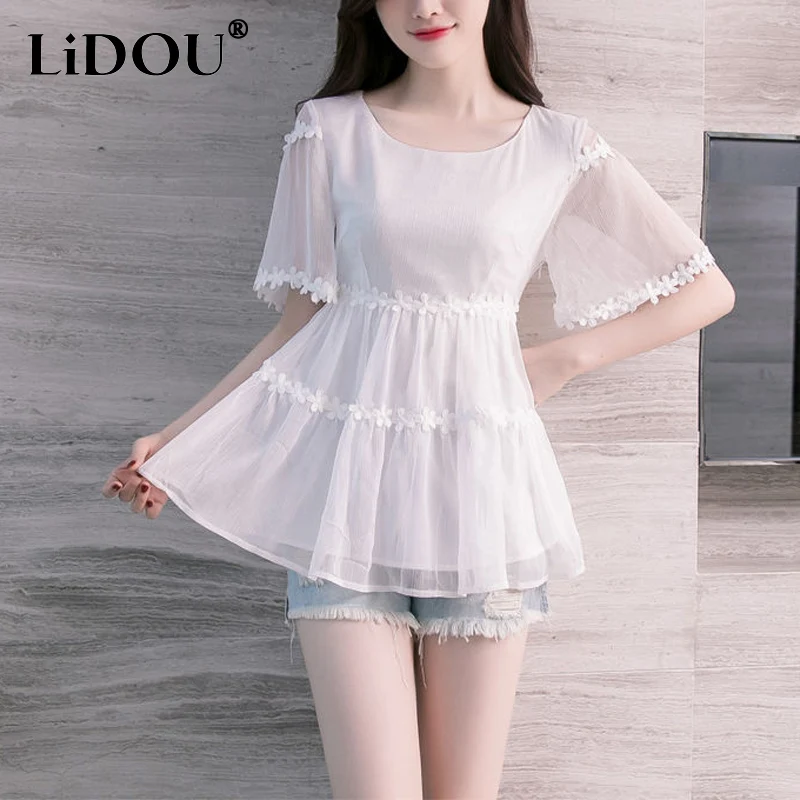 

Женская шифоновая блузка с коротким рукавом, однотонная Тонкая блузка с круглым вырезом и кружевом в стиле пэчворк, лето 2023