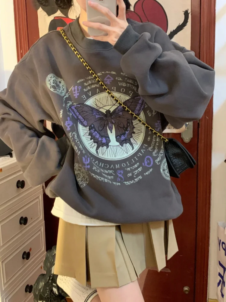 

Spring Bufferfly Print Vintage Women Men Hoody Loose Oversized Grunge Fashion O Neck Sweatshirts All Match Harajuku Casual Tops