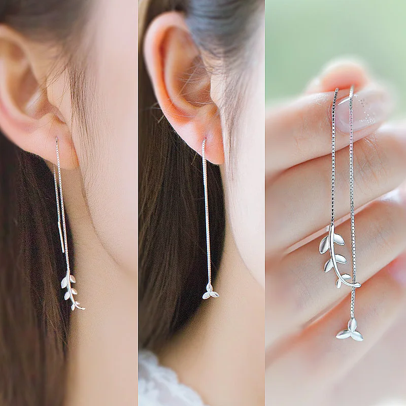 

Exquisite Silver Color Leaves Drop Ear Line Long Hanging Earrings For Women Bow Pearl Flower Asymmetric Piercing Earing Jewelry