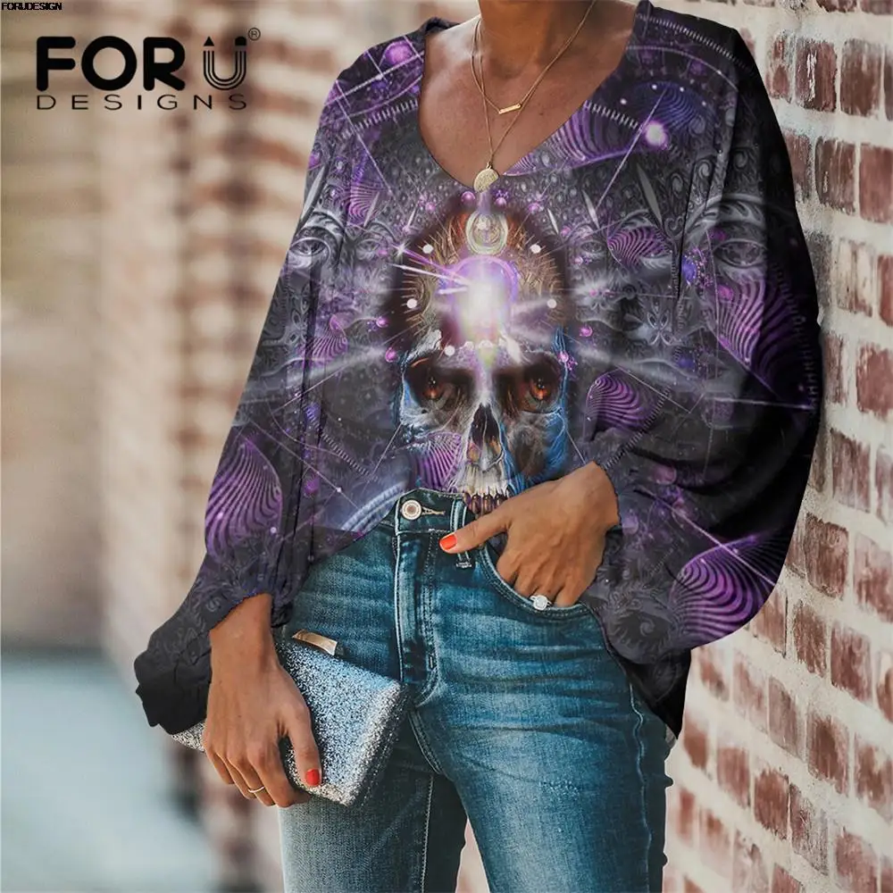 

FORUDESIGNS Casual T Shirt Office Clothes Summer Lantern Sleeved Loose Blouses Gothic Skull Style For Females Streetwear