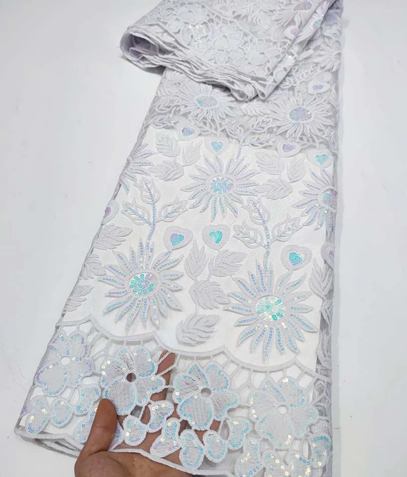 

Pure White African Lace Fabric 2022 High Quality Tulle Nigerian Lace Fabric 5Yards French Net Sequins Lace For Wedding Dress