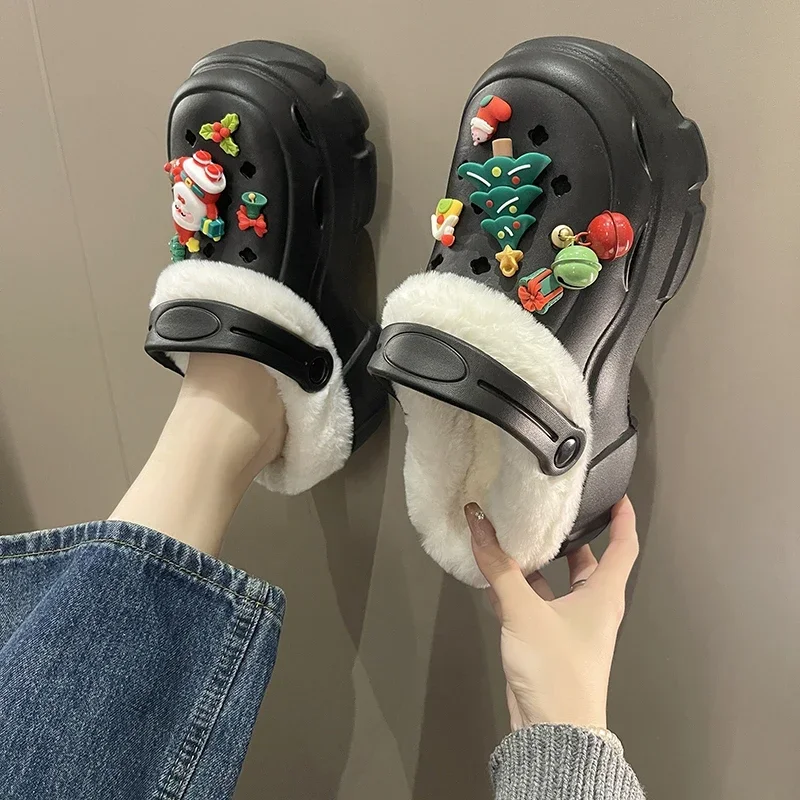 

Зимние женские бархатные шлепанцы на платформе с закрытым носком удерживают тепло увеличивают рост повседневные сабо для женщин домашняя хлопковая обувь