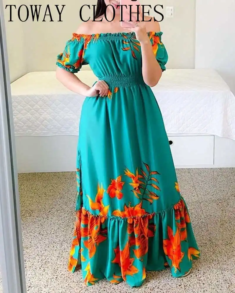 

Dresses For Women 2022 Floral Print Off Shoulder Shirred Frill Hem Maxi Dress Vestidos Elegantes Para Mujer