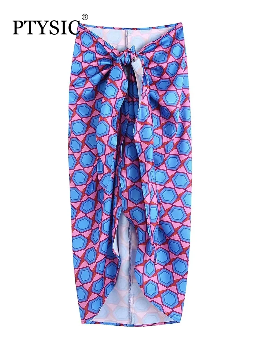 

PTYSIC Women Fashion With Geometric Print Asymmetrical Tied Skirts 2022 Summer Front Slit Folds Sexy Female Bottoms Mujur