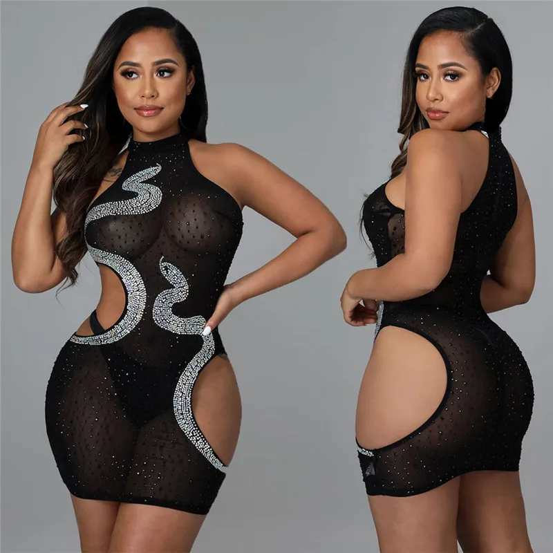 

WUHE Chic Cut-Out Crsytal Snake Mini Dress Sexy Clubwear Women Glam See-Through Sequins Night Dress Birthday Party Outifits