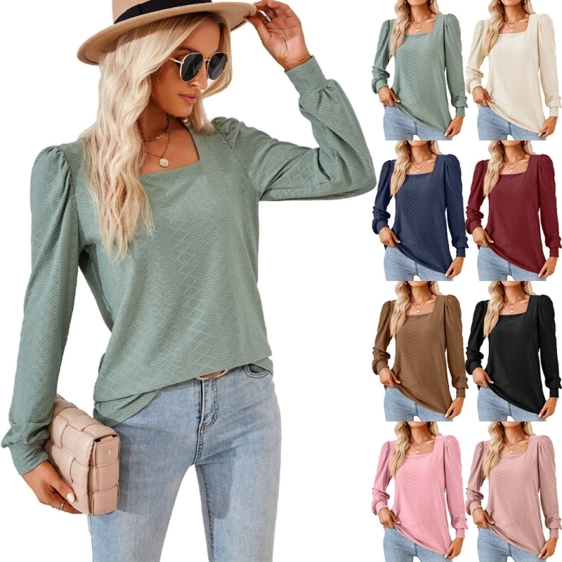 

Women's Blouse Square Neck Long Sleeve Casual Eyelet Shirts Loose Casual Summer Tops