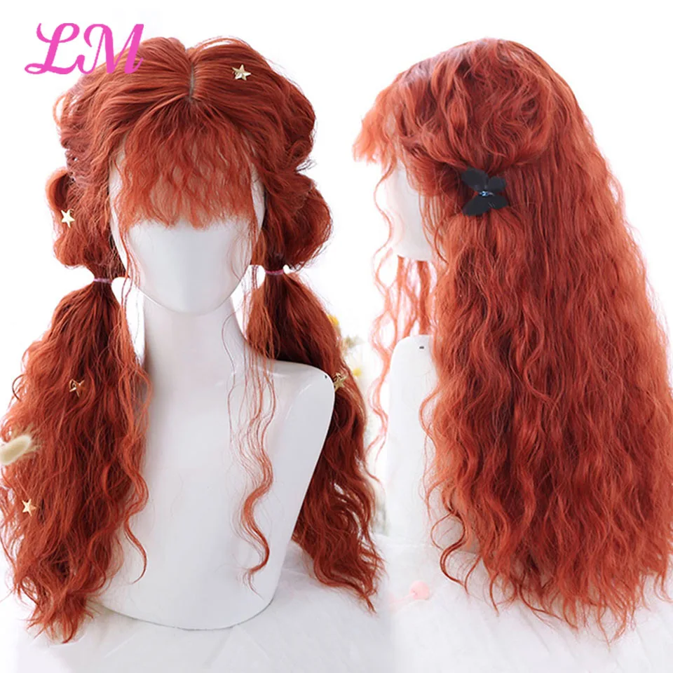 

LM Red Ginger Copper Yellow Synthetic Wig for Women Long Curly Wave Wigs with Bangs Cosplay Party Heat Resistant Hair
