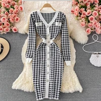 autumn temperament v neck elegant dress office lady single breasted houndstooth knitted stretch dresses korean women clothing