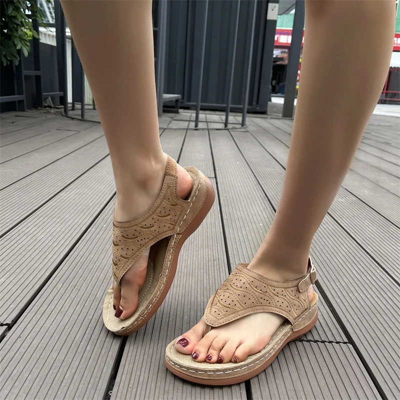 

Womens Leather Sandals Bohemia T-tied Low Heels Clip Toe Ladies Sandalias Ankle Strap Summer New 2023 Beach Casual Female Shoes