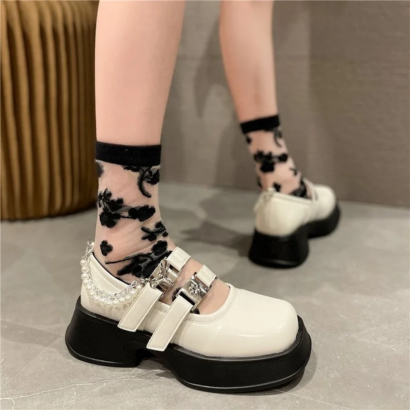 Spring Autumn Pearl Chain Lolita Shoes Buckle Mary Janes Shoes Leather Shallow Woman Flats Girls Platform Shoes Zapatos Mujer