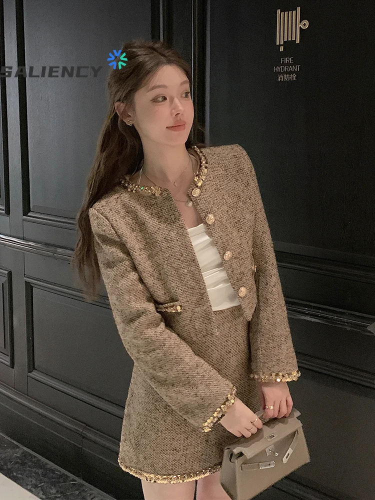 SALIENCY золотистая тканая шерстяная твидовая короткая куртка с блестками женская