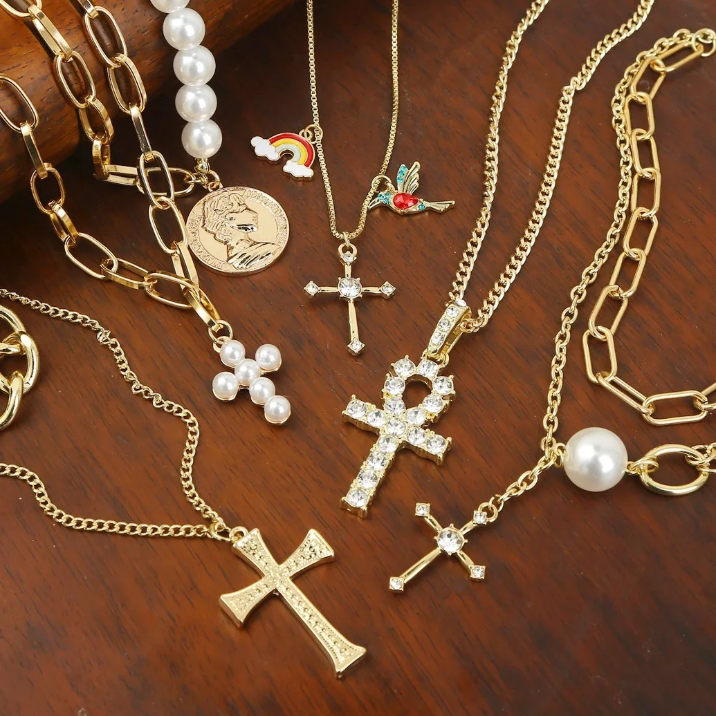

Vintage Multilayer Pearls Cross Pendant Necklaces For Women Fashion Luxury Design Chain Necklace Jewelry Gift