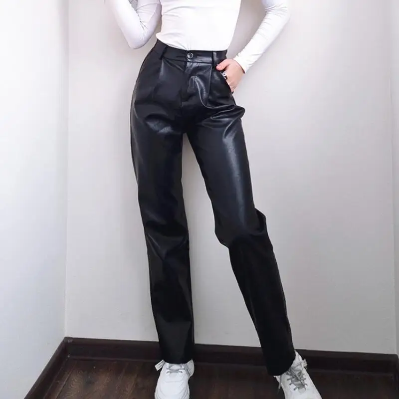 

Faux Leather Mid Waist Cargo Pants Women Streetwear Vintage Loose Black Straight PU Trousers Mujer Autumn Casual Pants p586