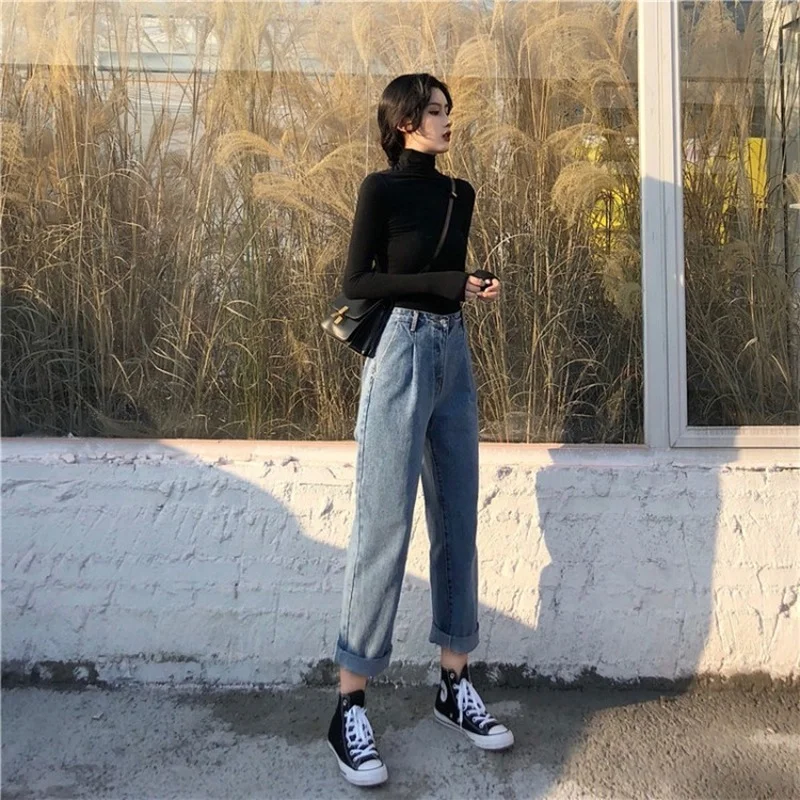 Casual Loose Straight Jeans with Free Bottoming-shirt 2023 Women Korean Fashion High Waist Denim Pant Summer Trousers Streetwear