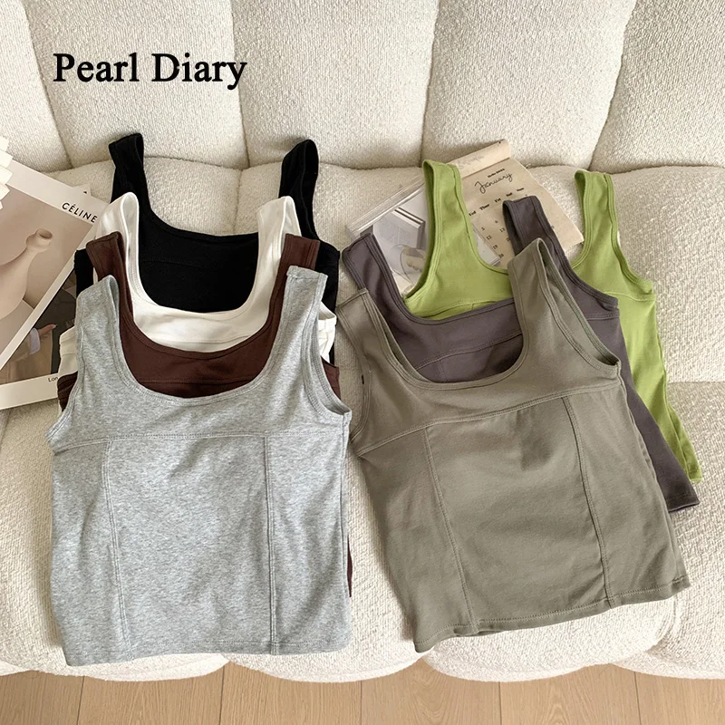 

Pearl Diary Women Sleeveless Crop Top Y2K Women's T-shirt Camisole With Bra Pad Cotton Square Collar Sexy Beauty Back Tank Top