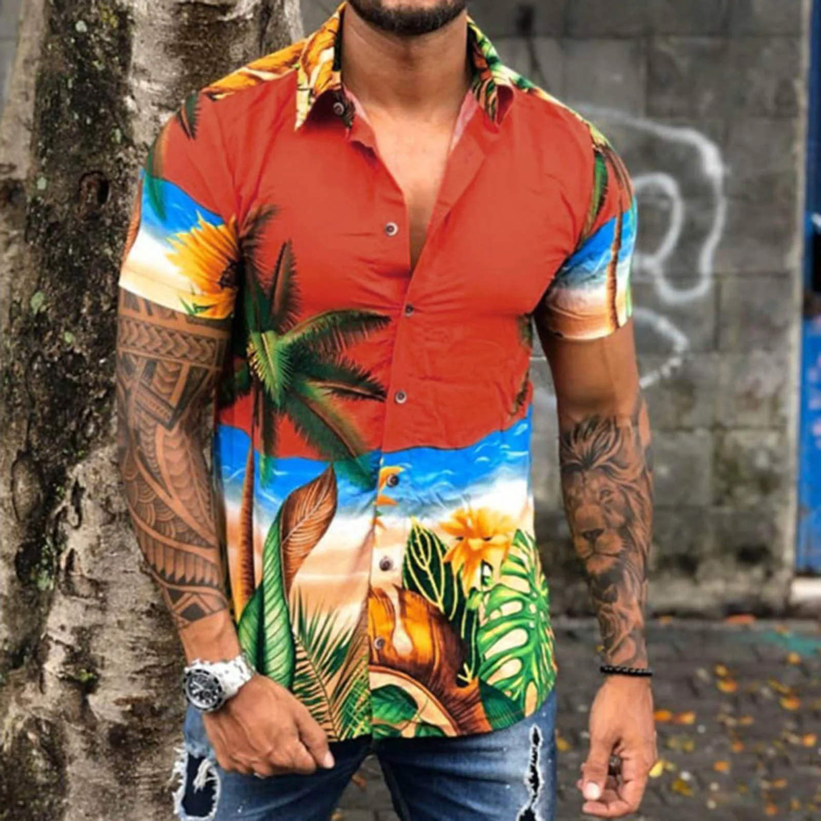 

Work Sleeve Fashion Men Spring Summer Top Shirts Casual Beach Printed Patchwork Shirt Mens Short Sleeve Shirt Bodysuit Pajama