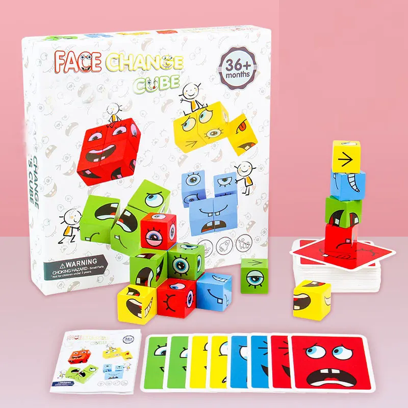 Kids Montessori Toy 64 pcs Cards of Emoticon Puzzle Face Change Cubes Wooden Toys Building Blocks Educational Game for Children