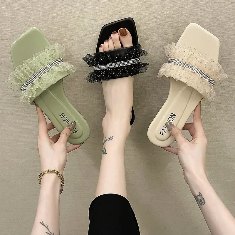 

Flat Shoes Female Ladies' Slippers Slipers Women Girl 2022 Slides Sweet PU Basic Fabric Rubber Flat Shoes Female Ladies' Slipper
