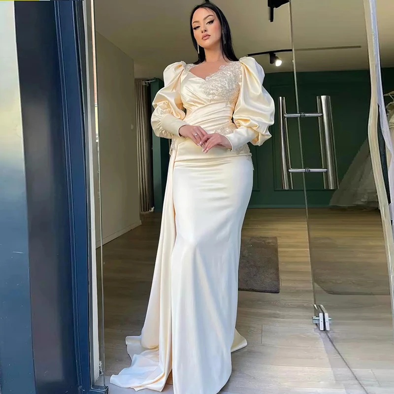 

Saudi Arabia V Neck Mermaid Prom Party Dresses Lace Appliques Puffy Long Sleeves Side Slit Evening Gowns Dubai Robe De Soiree