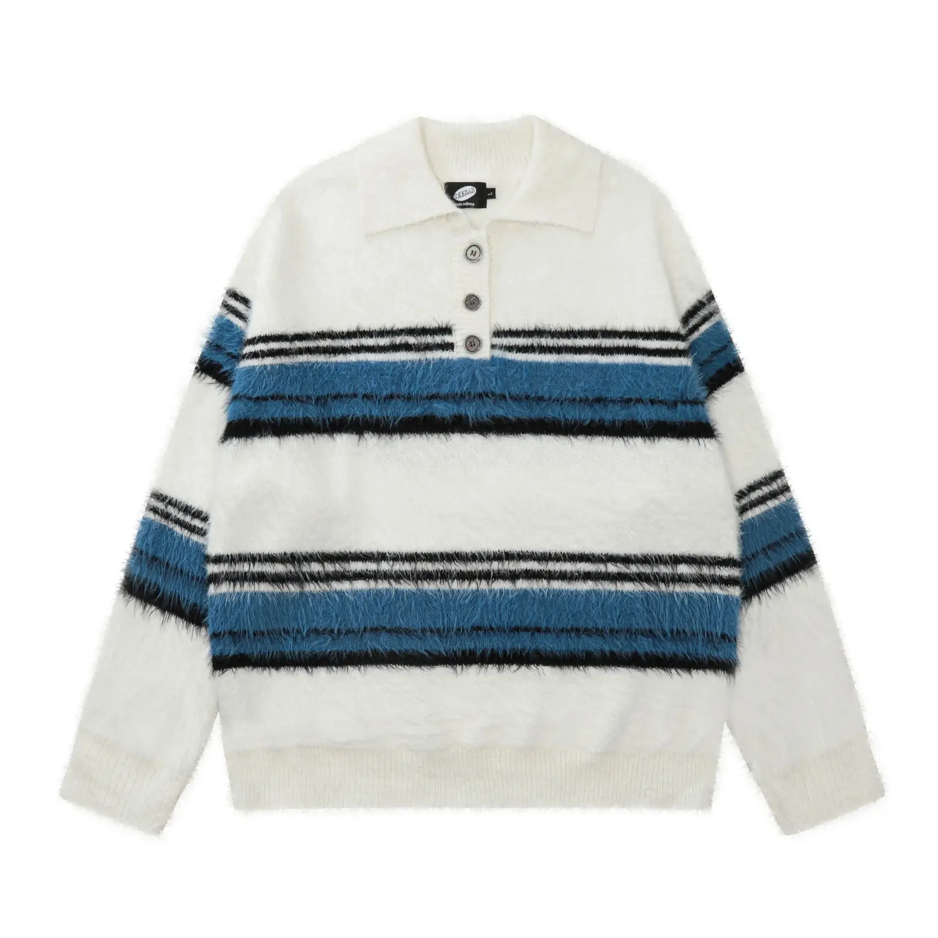 2024 Autumn New Trendy Brand Casual Angora Knitted Top Men Women Loose Fit Versatile Sweater Lapel Stripe Design Fashion