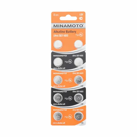 Батарейкa MINAMOTO AG13, (LR44) 1.5 В для наручных часов, игрушек, калькуляторов, фонарей,слухового аппарата 10 штук в упаковке - изображение