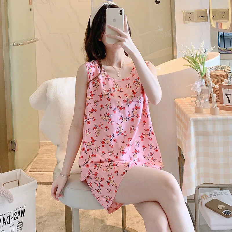 Floral Printed 100% Viscose Cotton Women Sleepwear Sleeveless Tank Top and Shorts Pajama Sets Womens Loungewear 2 Piece PJ Sets