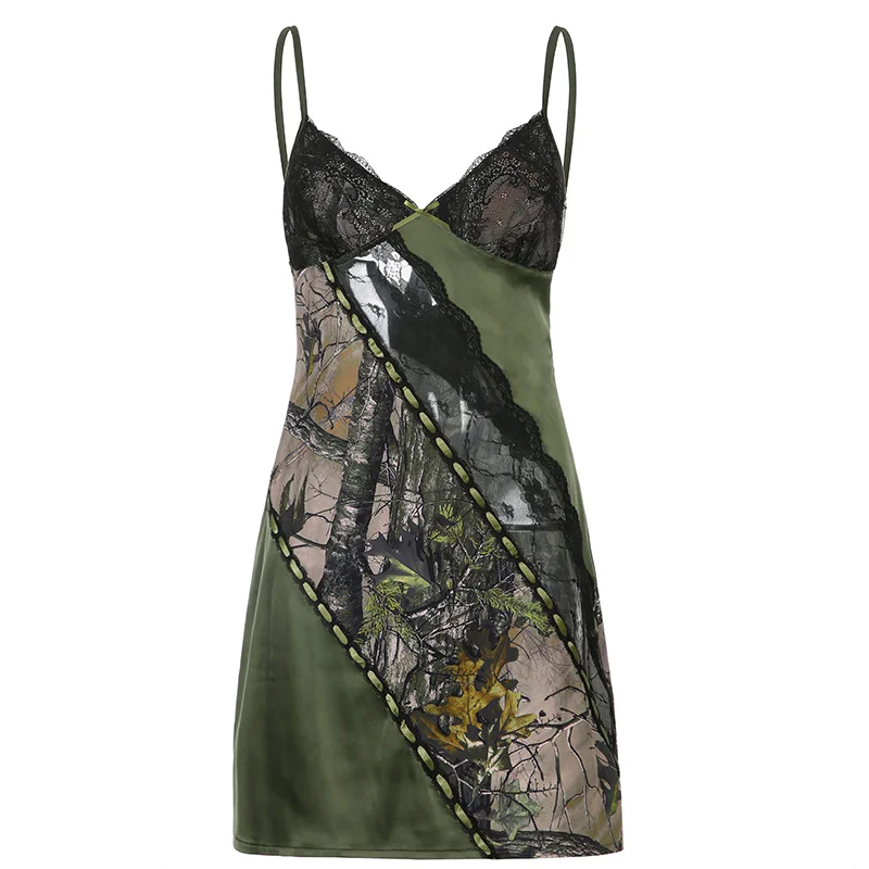 

Women's Vintage Printed Lace Stitching Suspender Dress Fitted Waist Backless Dress